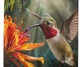 Duschvorhang mit schönem schwebenden Kolibri, farbenfroh, auffallend
