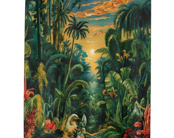 Duschvorhang mit wunderschönem Tropenwald Motiv, farbenfroh, üppig