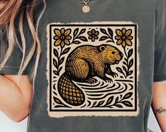 Camiseta com estampa de linóleo Folklore Forest Beaver, camiseta vintage Forestcore, camiseta para vida selvagem, presente para amantes da natureza, camisa com cores confortáveis