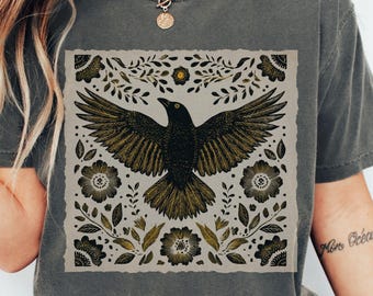 Folklore Forest Crow Lino Print T-shirt, Linocut Style Vintage Forestcore Cottagecore Tee Comfort Colors