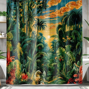 Cortinas de chuveiro de floresta tropical, decoração de banheiro de selva colorida, cortina de chuveiro de folha de palmeira, cortina de banho de natureza brilhante, floresta tropical exótica