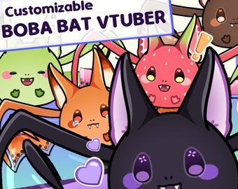 May include: A customizable boba bat VTuber illustration featuring a black bat with purple accents, a green spider, an orange fox, and a red strawberry bat. The bats have large eyes and toothy grins. The illustration is set against a background of a boba tea cup with tapioca pearls.