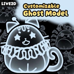 May include: A light blue cartoon ghost model with a cat-like face, star-shaped eyes, and a ruffled collar. The text "Customizable Ghost Model" is in yellow. The background is black with other ghost models.
