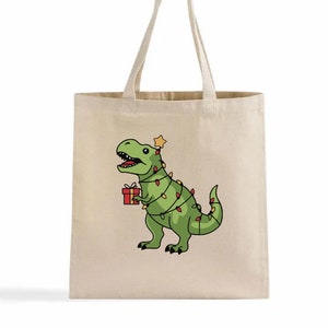 Christmas Dino Tote Bag – Festive T-Rex with Lights and Gift | Perfect Holiday Bag for Dinosaur Lovers, Unique Christmas Shopping Bag!