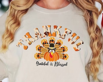 Thankful Blessed Turkey Shirt: Thanksgiving Fall Tee