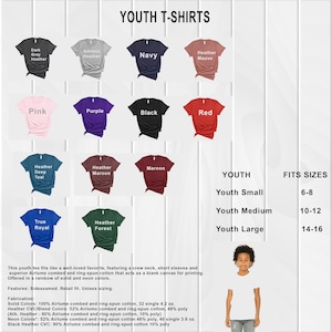 May include: A chart showing youth t-shirt colors and sizes. The chart shows 12 different t-shirt colors, including dark grey heather, athletic heather, navy, heather mauve, pink, purple, black, red, heather deep teal, heather maroon, maroon, true royal, and heather forest. The chart also shows the corresponding youth sizes for each color: youth small (6-8), youth medium (10-12), and youth large (14-16).