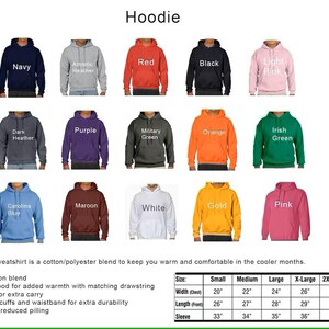 a chart of hoodies with different colors and sizes