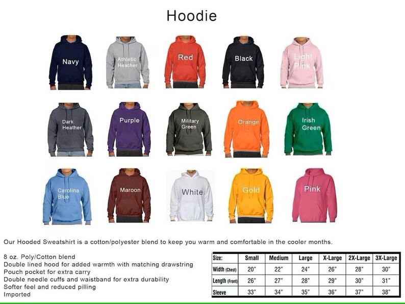 a chart of hoodies with different colors and sizes