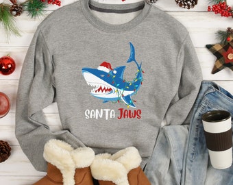 Santa Jaws Christmas Sweatshirt: Funny Shark Xmas Lights Shirt