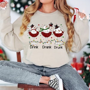 Funny Christmas Drinking Sweatshirt: Snowman Wine Xmas Crewneck