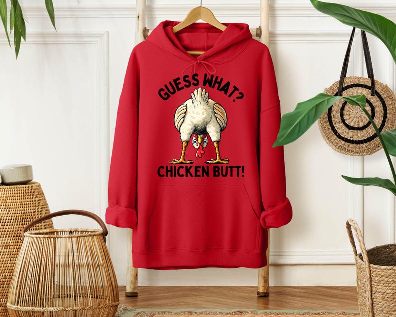 a red hoodie with a picture of a chicken on it