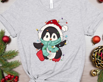 Camiseta navideña de pingüino, cuello redondo con estampado animal, camiseta navideña divertida