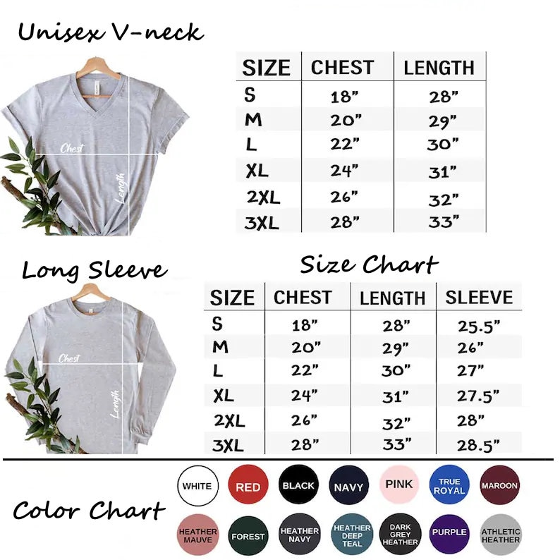 May include: Size chart for a unisex long and short sleeve t-shirt. The chart shows chest, length, and sleeve measurements in inches for sizes S, M, L, XL, 2XL, and 3XL. A color chart shows various colors including white, red, black, navy, pink, true royal, maroon, heather mauve, forest, heather navy, heather deep teal, dark grey heather, purple, and athletic heather.