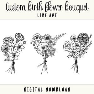 Benutzerdefinierte Geburt Blumen Familie Bouquet Line Art Tattoo Design | Digitaler Download | Personalisierte Geburtsmonat Blumen | Muttertagsgeschenk
