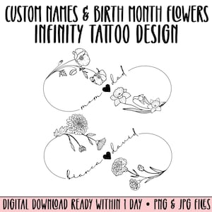 Benutzerdefinierte Namen Geburt Monat Blumen Infinity Symbol Tattoo Design Line Art | PNG JPG Digitaler Download | Personalisiertes Paar Familie Freunde Geschenk