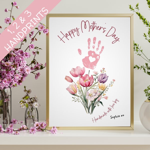 Happy Mother's Day Handprint Art | Gift for Mom | Handprint Flower Bouquet | Kids DIY Gift | Printable Keepsake | Mother's Day Gift