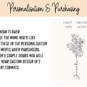 May include: A black and white line drawing of a hawthorn flower with the name Jacinta written vertically below it. The text "FLOWER - HAWTHORN" and "NAME - JACINTA" is written in black text above the image. The text "Personalisation & Purchasing" is written in black cursive text at the top of the image. The text below the image explains how to personalize a custom design with a flower and name.