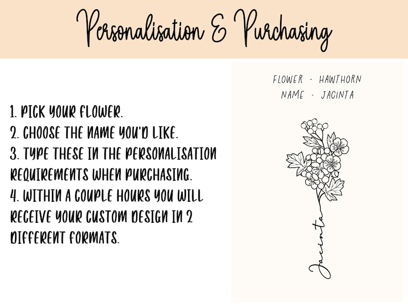 May include: A black and white line drawing of a hawthorn flower with the name Jacinta written vertically below it. The text "FLOWER - HAWTHORN" and "NAME - JACINTA" is written in black text above the image. The text "Personalisation & Purchasing" is written in black cursive text at the top of the image. The text below the image explains how to personalize a custom design with a flower and name.