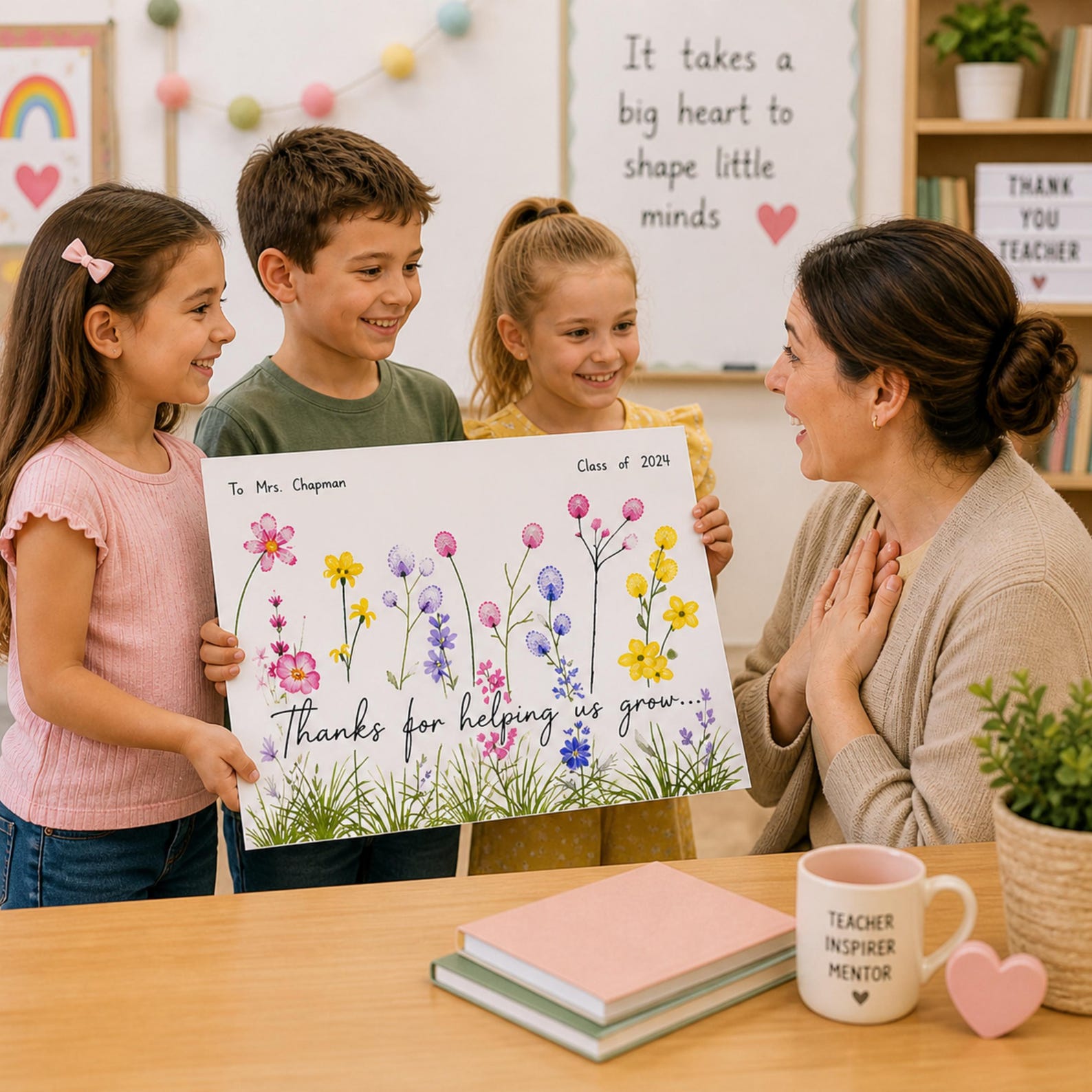 Fingerprint Art Teacher Gift: Personalized Floral Thank You Artwork for ...