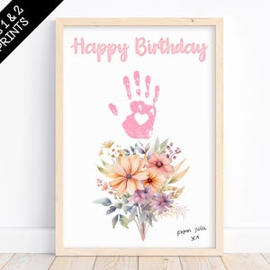 Arte imprimible con huella de mano de feliz cumpleaños / Ramo de flores con huella de mano / Regalo de cumpleaños personalizado / Recuerdo de huella de mano de niño / Descarga instantánea