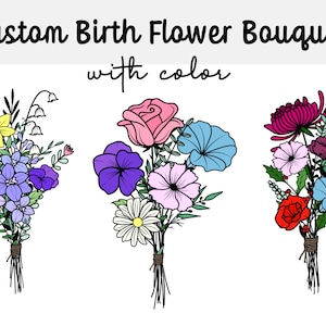 Custom Birth Month Flower Bouquet with Color | Colored Minimalist Family Floral Bouquet Tattoo Design | Personalized Botanical Tattoo