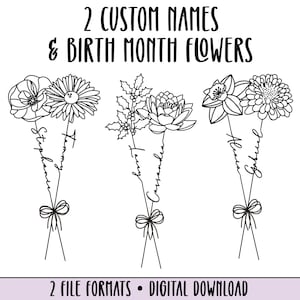 Custom 2 Names Birth Month Flower Bouquet Tattoo Art Design | Personalized Name Design SVG PNG | Tattoo Commission | Minimalist Line Art