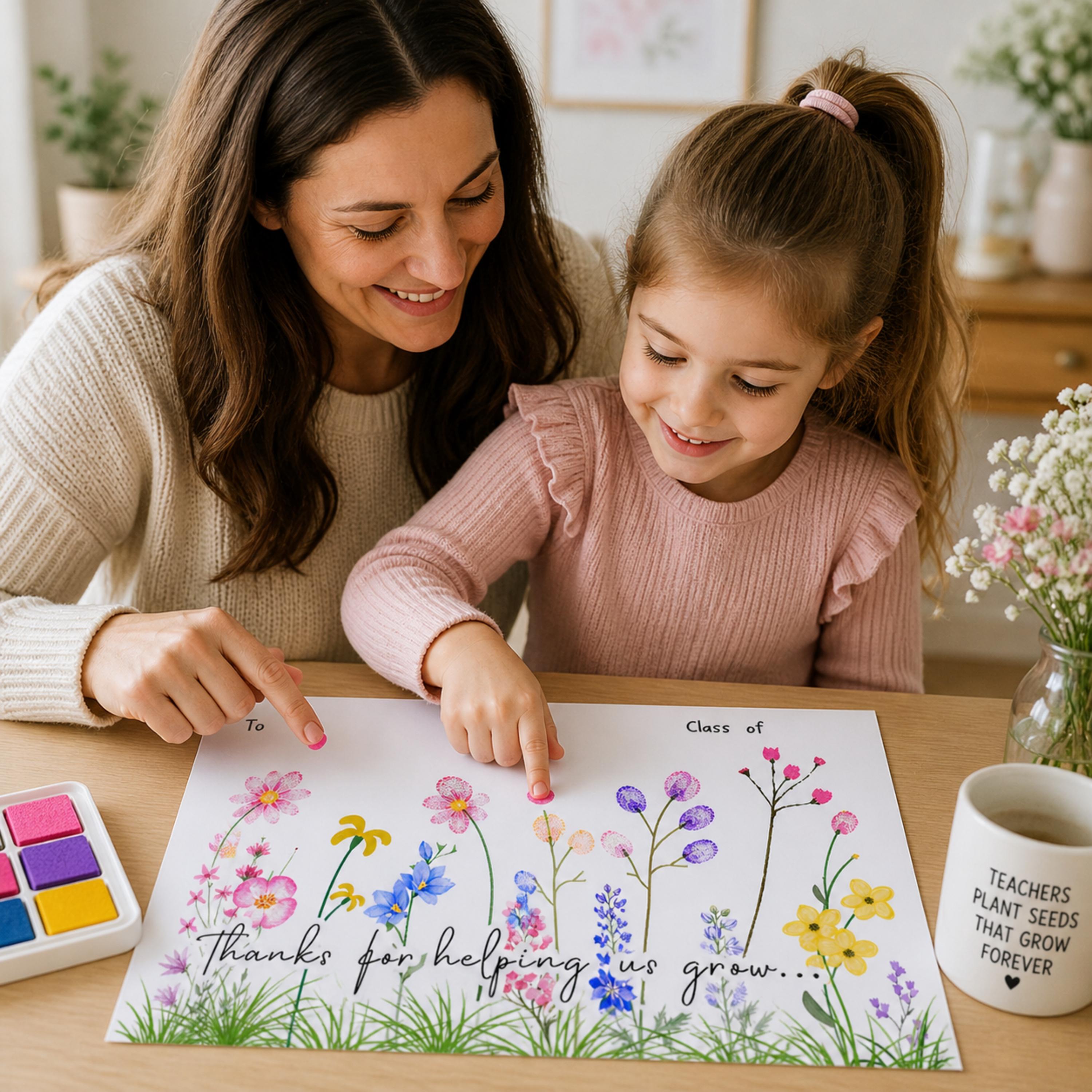 Fingerprint Art Teacher Gift: Personalized Floral Thank You Artwork for ...