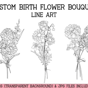 Custom Birth Month Flower Bouquet Line Art Tattoo Design | Personalized Family Bouquet | Birth Flowers Minimalist Digital Download