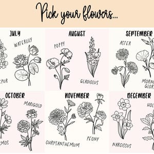 May include: A chart with black and white illustrations of flowers, each flower representing a different month of the year. The months are listed in order from July to December. The flowers are labeled with their common names.