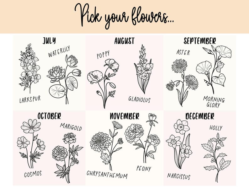 May include: A chart with black and white illustrations of flowers, each flower representing a different month of the year. The months are listed in order from July to December. The flowers are labeled with their common names.