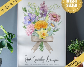 Bouquet de famille personnalisé pour le mois de naissance, téléchargement numérique, impression d'art | Cadeaux personnalisés pour elle | Cadeau Fête des Mères | Le jardin de grand-mère