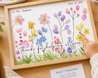 Fingerprint Art Teacher Gift: Personalized Floral Thank You Artwork For End Of Year Celebration