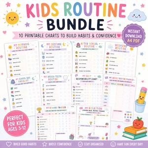 Peut inclure: Un ensemble de routines pour enfants avec 10 tableaux imprimables. Comprend des routines du matin, du coucher, après l'école et du week-end, ainsi qu'une liste de contrôle pour le sac d'école et un suivi des récompenses. Pour les enfants de 3 à 12 ans.