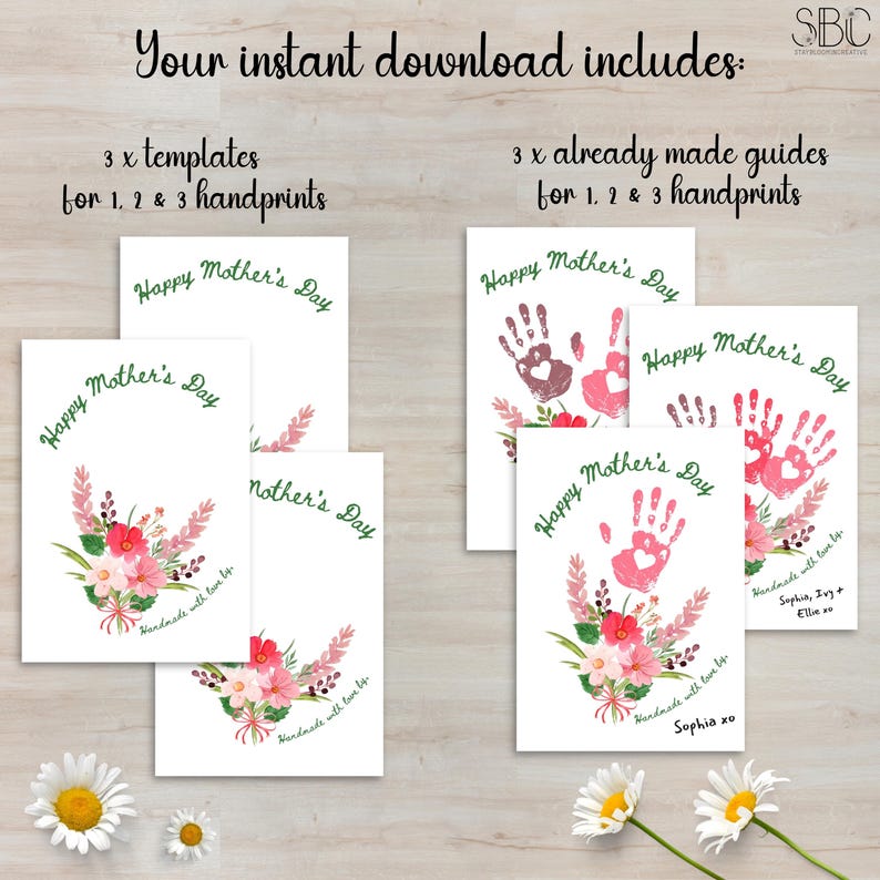 K&ouml;nnte beinhalten: Druckbare Muttertagskartenvorlagen mit Blumendesigns und Platz f&uuml;r Handabdr&uuml;cke. Der Text auf den Karten lautet "Frohen Muttertag" und "Handgemacht mit Liebe von..."