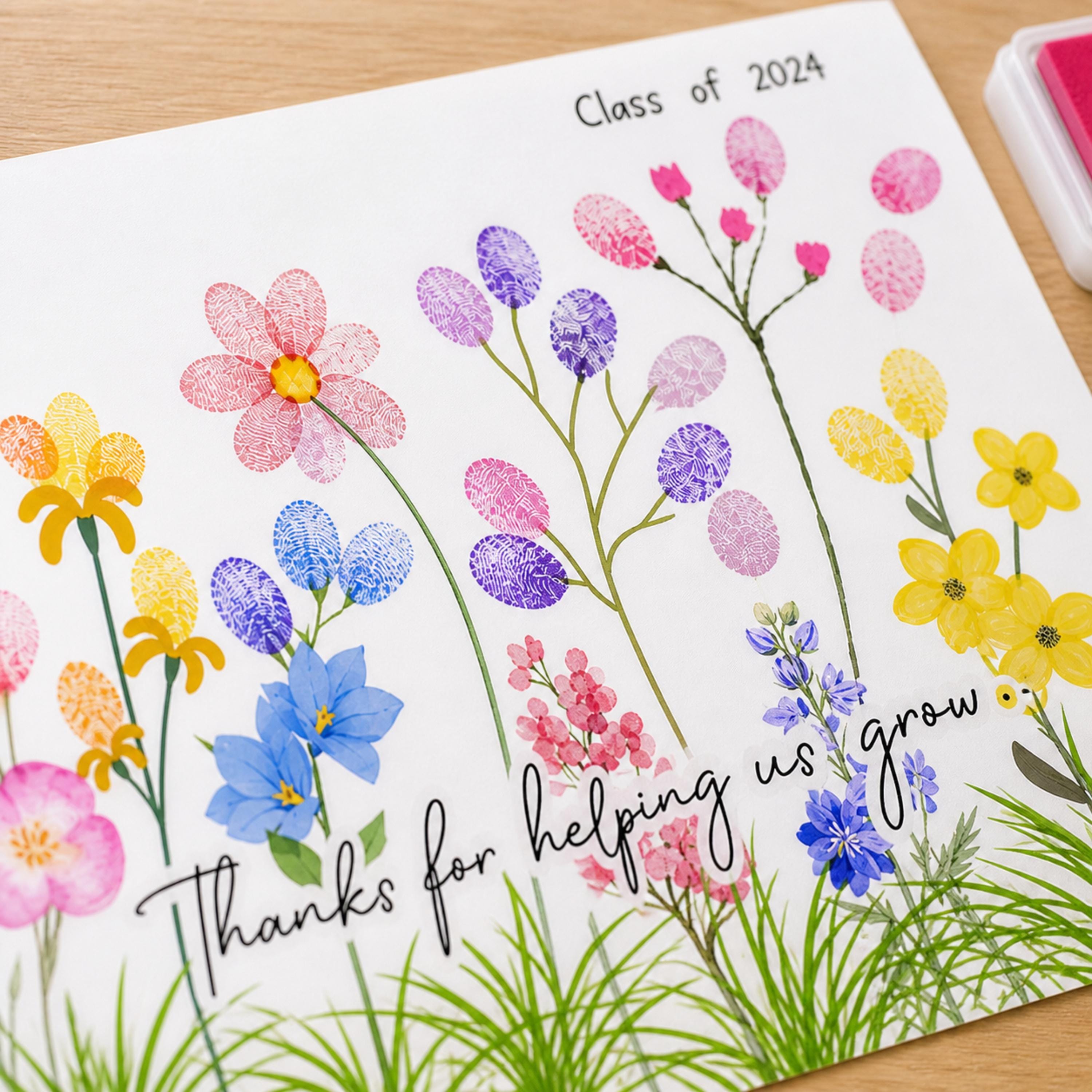 Fingerprint Art Teacher Gift: Personalized Floral Thank You Artwork for ...