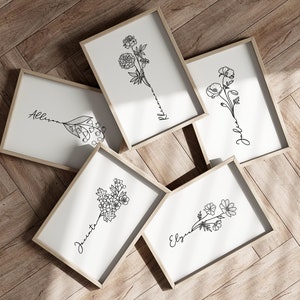 May include: Five framed prints with black line drawings of flowers and the names "Allison", "Kiana", "Julia", "Jacinta", and "Elyse" written underneath.