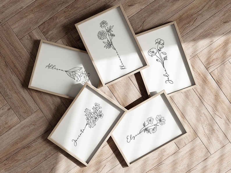 May include: Five framed prints with black line drawings of flowers and the names "Allison", "Kiana", "Julia", "Jacinta", and "Elyse" written underneath.