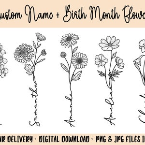 Custom Name Birth Month Flower Tattoo Design | Digital Download PNG | Personalized Line Art Birth Flower | Flower Name Tattoo Commission