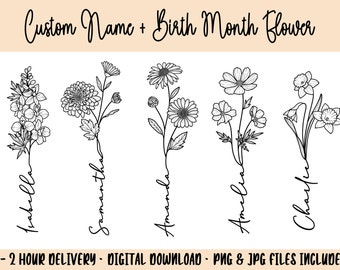 Custom Birth Flower Name Tattoo Design | Personalized Line Art (Digital Download)