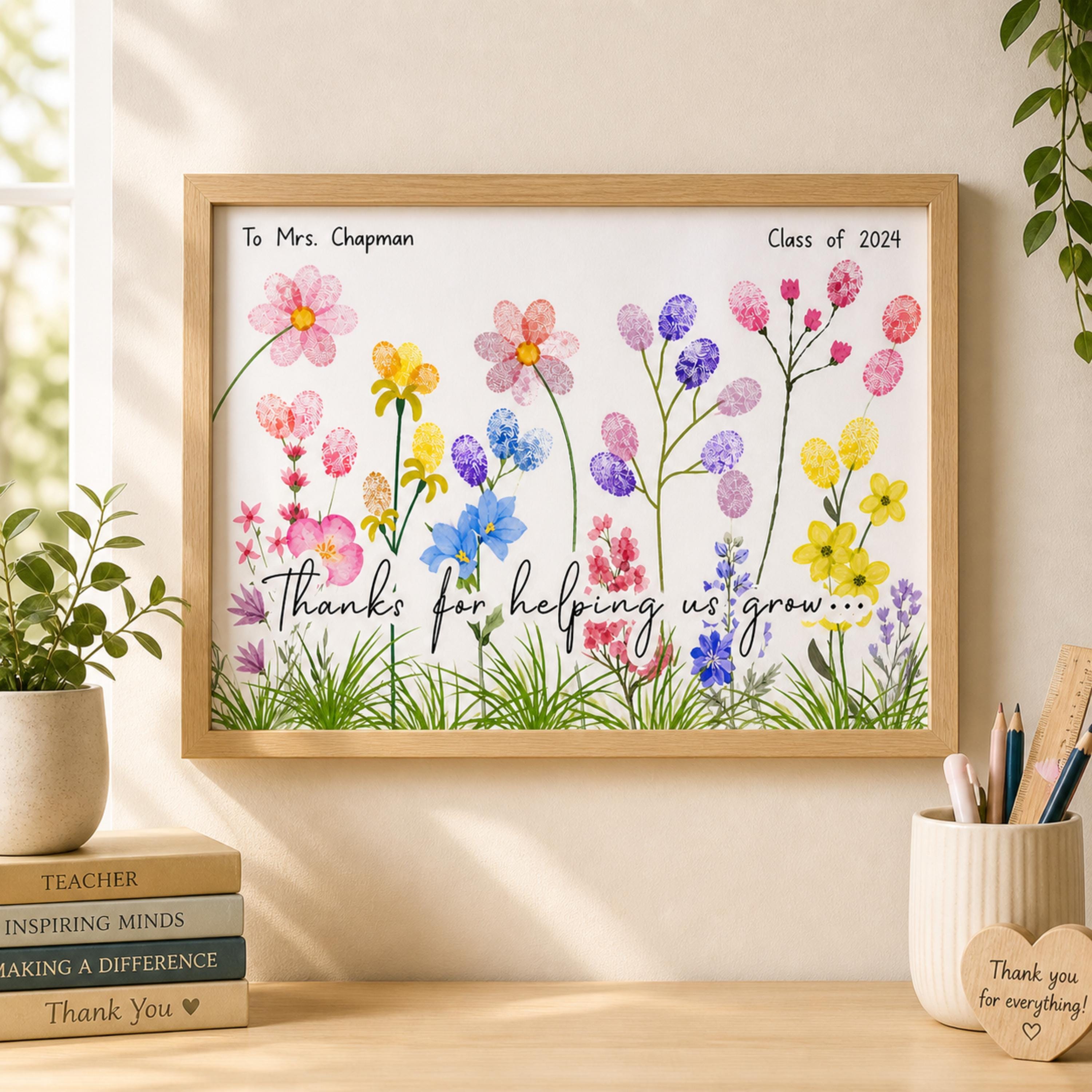 Fingerprint Art Teacher Gift: Personalized Floral Thank You Artwork for ...
