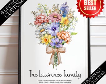 Custom Birth Month Flower Bouquet Art Print: Personalized Family Gift Digital Download