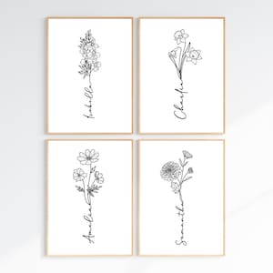 May include: Four printable wall art prints with black and white line drawings of flowers and names. The names are "Isabella", "Amelia", "Charlotte", and "Samantha".
