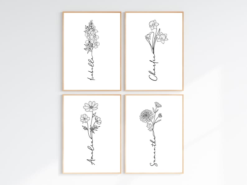 May include: Four printable wall art prints with black and white line drawings of flowers and names. The names are "Isabella", "Amelia", "Charlotte", and "Samantha".