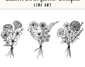 Custom Birth Flower Family Bouquet Line Art Tattoo Design | Digital Download | Personalized Birth Month Flowers | Mother's Day Gift