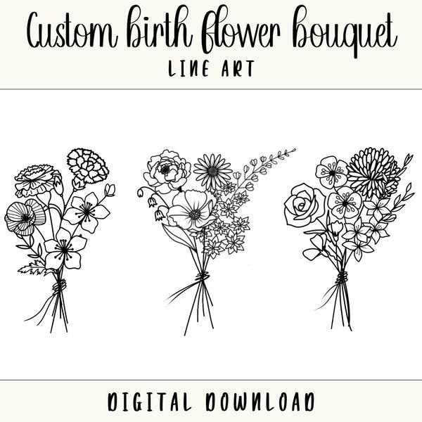 Custom Birth Flower Family Bouquet Line Art Tattoo Design | Digital Download | Personalized Birth Month Flowers | Mother's Day Gift