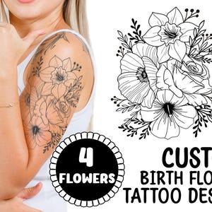4 Custom Birth Flower Tattoo Design | Family Birth Month Bouquet Line Art | Floral Tattoo Commission | Personalized Digital Download