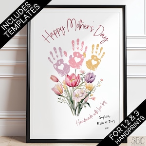 Empreinte de main artistique pour la fête des mères | Cadeau pour maman | bouquet de fleurs empreinte de main | Cadeau bricolage pour enfants | Souvenir imprimable | Cadeau fête des mères