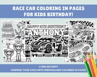 Race Car Coloring Pages & Sheets | Personalised Racing Car Kids Birthday | Party Favor | Racing Activity | A4 Printable | Kids Party Games