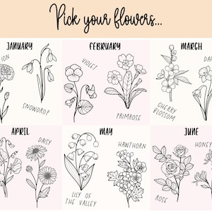 May include: A black and white illustration of flowers for each month of the year. January: Carnation and Snowdrop. February: Violet and Primrose. March: Cherry Blossom and Daffodil. April: Sweet Pea and Daisy. May: Lily of the Valley and Hawthorn. June: Rose and Honeysuckle.