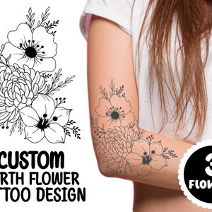 3 Custom Birth Month Flower Tattoo Design | Family Birth Flower Bouquet Personalized | Minimalist Custom Bouquet | Tattoo Commission